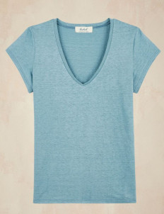 T-shirt col V femme lin - bleu ciel