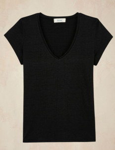 T-shirt col V femme lin - noir