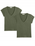 2x T-shirts Lin col V - Kaki - Femme 