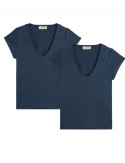 2x T-shirts Lin col V - Marine - Femme