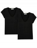 2x T-shirts Lin col V - Noir - Femme