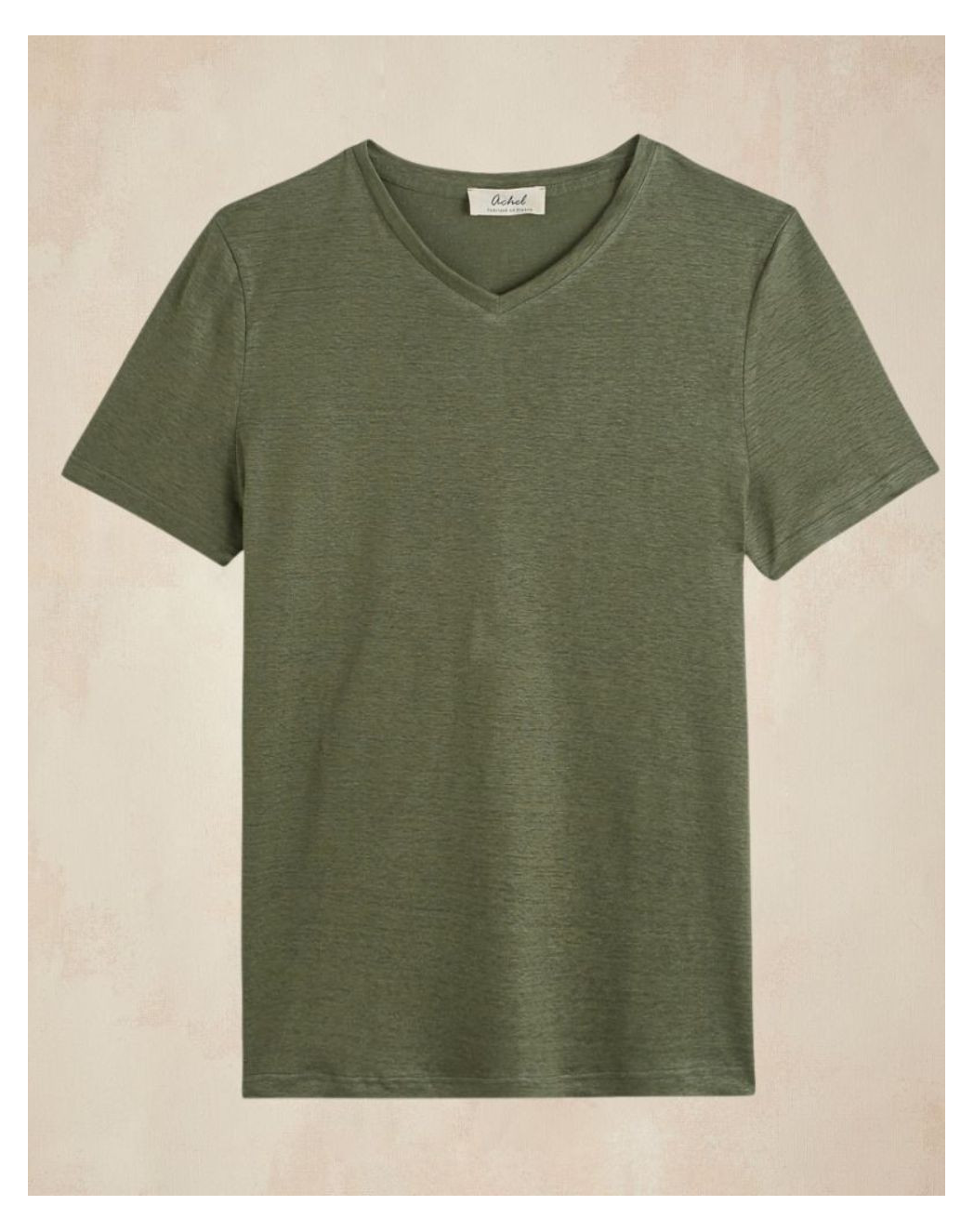 T shirt col V homme lin Kaki Made In France Achel Lemahieu