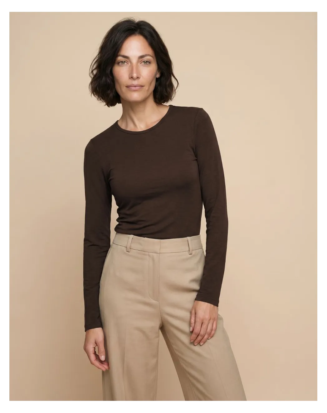 T-shirt manches longues col rond Laine Mérinos - Marron Café