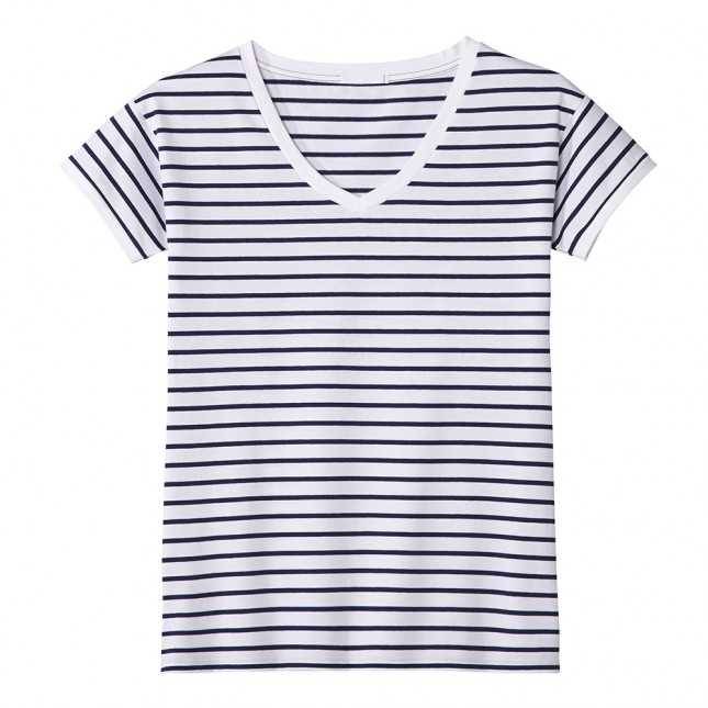 T-shirt col V marinière - Blanc - Made in France | Lemahieu