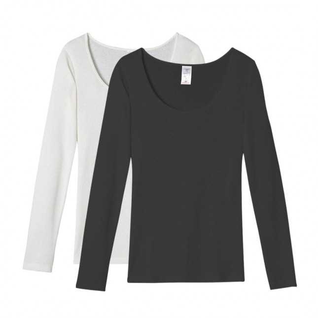 Lot de 2 t-shirts femme maille plumetis en laine manches longues - Noir et blanc
