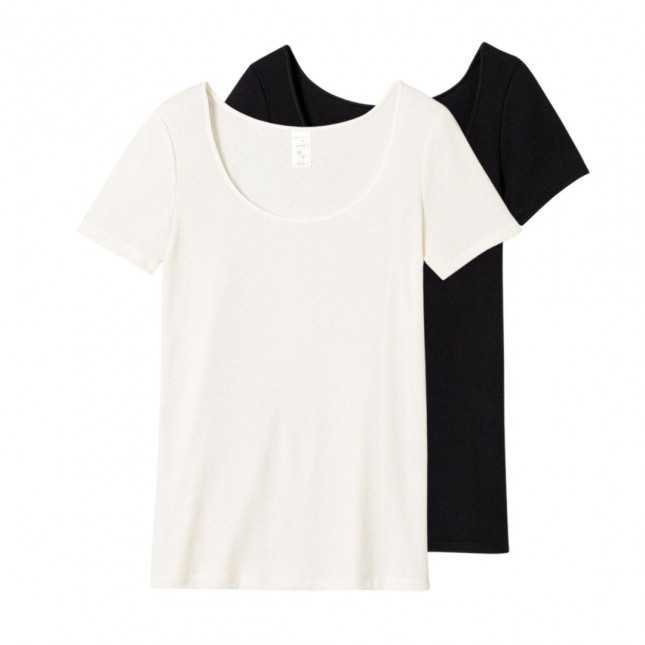 Lot de 2 t-shirts femme Maille plumetis en laine - Blanc + Noir