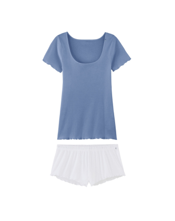 Pyjama T-shirt manches courtes et Short Femme - Océan et Blanc
