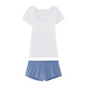 Pyjama T-shirt + Short - Blanc + Bleu océan - Femme