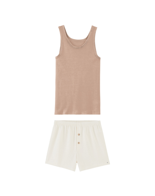 Pyjama Débardeur et Caleçon court en coton bio - Seigle et Naturel