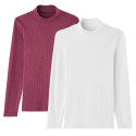 Lot de 2 T-shirts manches longues laine et coton - Blanc - Grenat - UPCYCLE !
