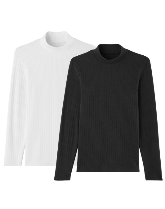 Lot de 2 T-shirts manches longues laine et coton - Noir - Blanc - UPCYCLE !
