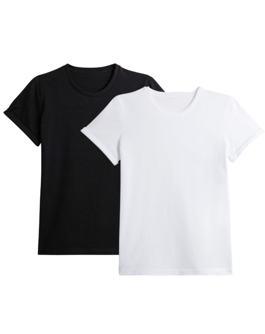Lot de 2 T-shirts coton Bio Femme - Manches à revers - Noir et Blanc
