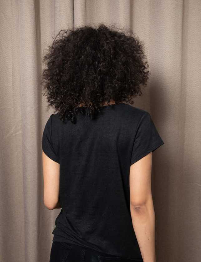 T-shirt col V femme lin - noir